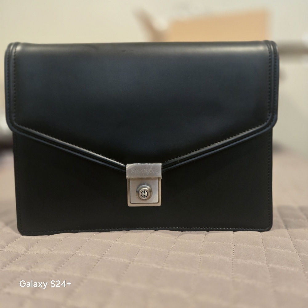 Nina Ricci Black Locking Clutch/Wristlet With Silver Hardware